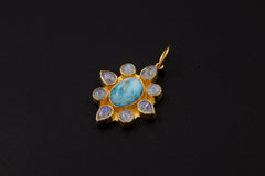 Larimar Blue Moonstone Flower Pendant, 18K Gold Plated 925 Silver, Handmade Amulet