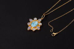 Larimar, Blue Moonstone Flower Pendant, 925 Silver, 18K Gold Plated, Handmade Boho Jewelry, Ocean Energy Amulet, Intuition & Calmness