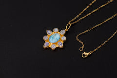 Larimar Blue Moonstone Flower Pendant, 18K Gold Plated 925 Silver, Handmade Amulet