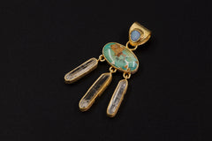 Close-up of Arizona Turquoise centre stone and Double-Terminated Clear Quartz dangles in gold-plated sterling silver.