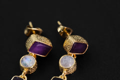 Amethyst, Blue Moonstone & Raw Quartz Earrings – 18K Gold Plated 3 Micron Sand Textured Studs, Third Eye Crown Chakra Unique Spiritual Gift