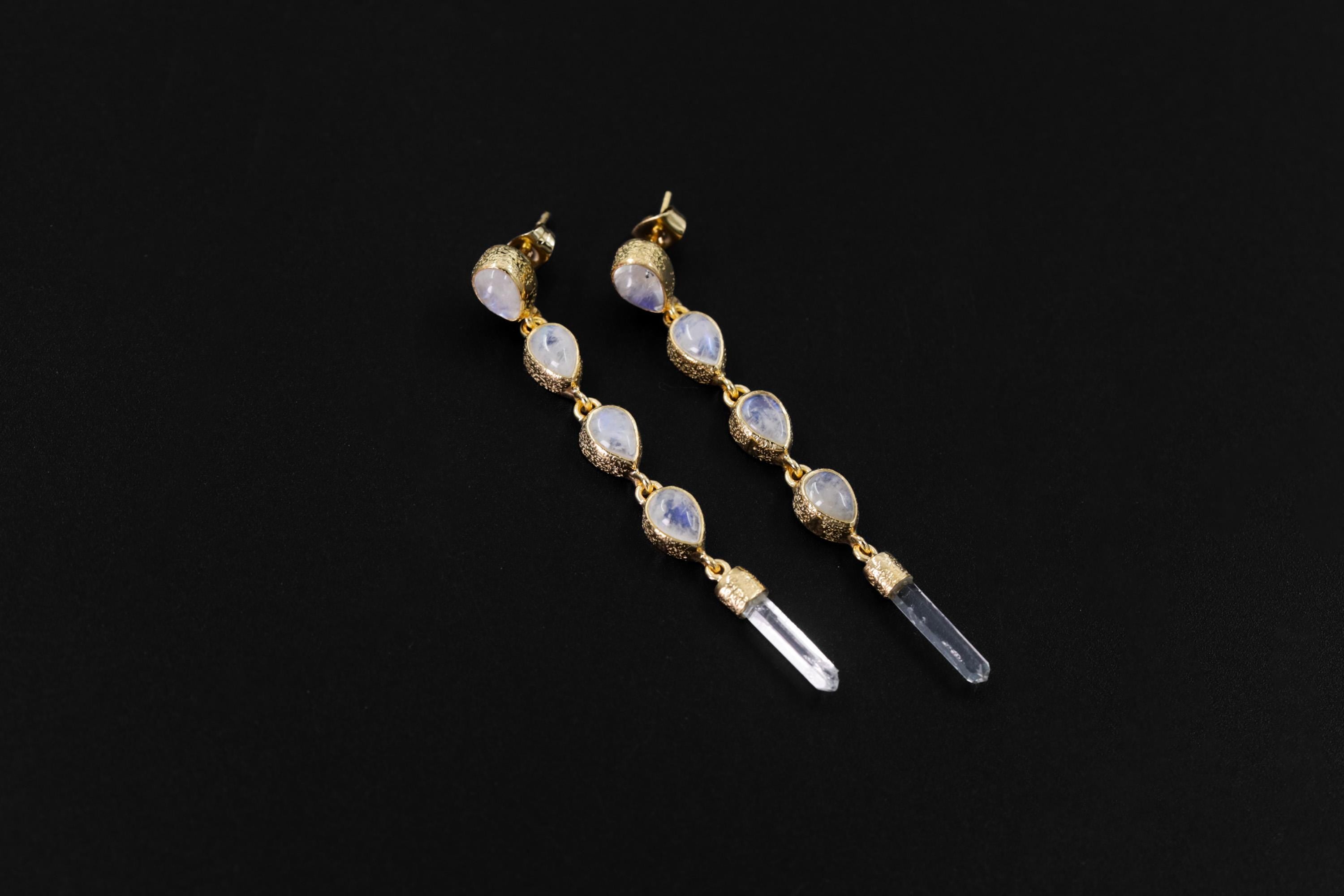 Teardrop Blue Moonstone & Raw Clear Quartz Earring Stud, Sand Textured Sterling Silver, 18K Gold Plated 3 Micron, Crown Chakra, Jewelry Gift