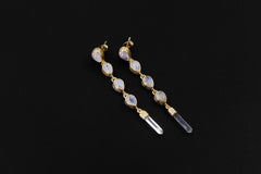 Teardrop Blue Moonstone & Raw Clear Quartz Earring Stud, Sand Textured Sterling Silver, 18K Gold Plated 3 Micron, Crown Chakra, Jewelry Gift