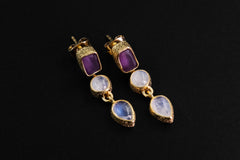 Amethyst & Moonstone Earrings with Sand Textured Sterling Silver Stud, 18K Gold Plated 3 Micron, Intuition and Chakra Healing, Unique Gift