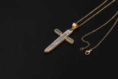 Pink Kunzite Cross Pendant, Aquamarine, 925 Silver With 18k Gold Plated, Spiritual Jewelry, Organic Texture, Heart Healing, Unique Gift