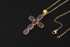 Amethyst Cross Pendant, Raw Square Gemstones, 925 Silver 18K Gold Plated, Spiritual Necklace, Organic Finish, Chakra Healing Gift