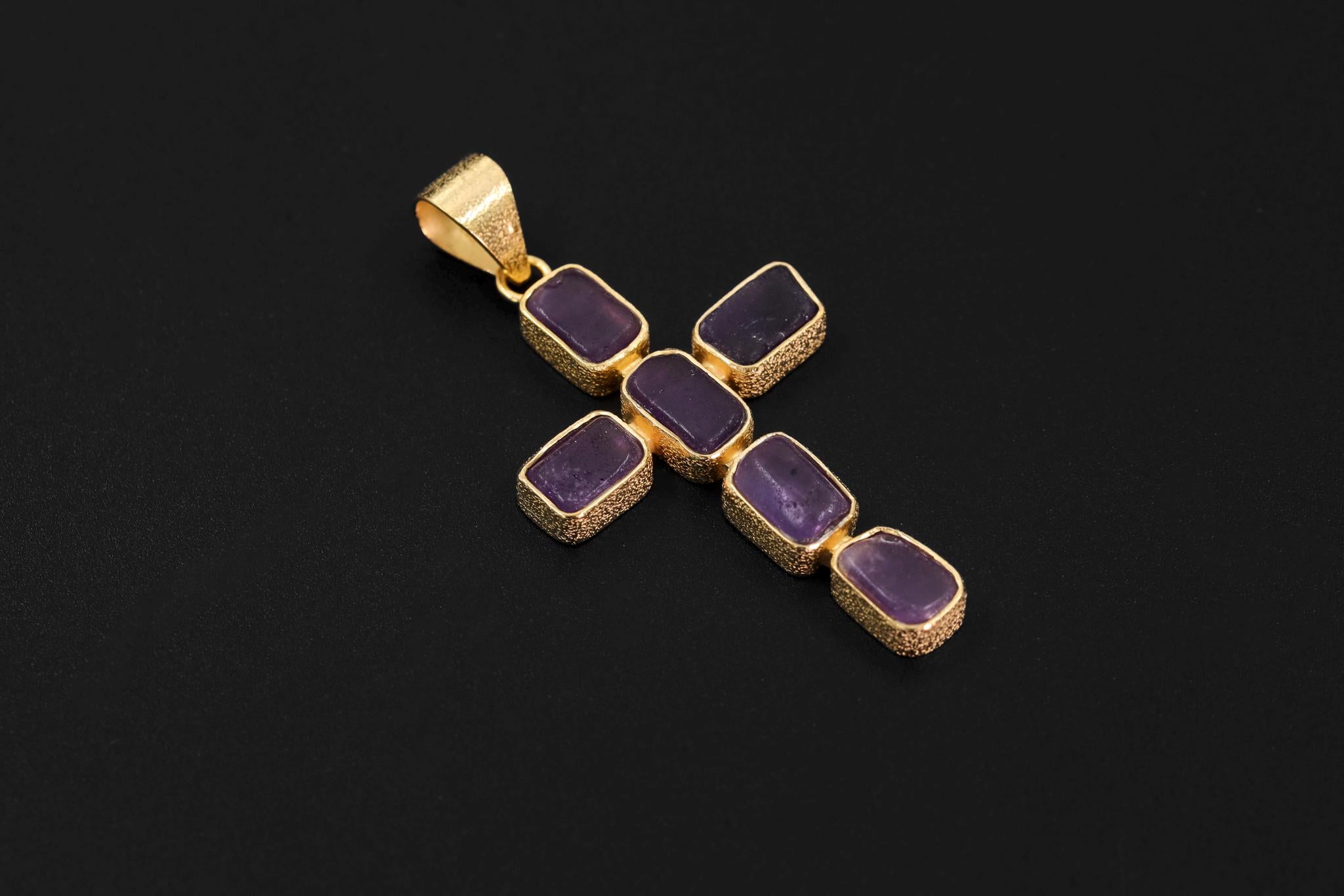 Raw Amethyst Cross Pendant, 18K Gold Plated 925 Silver, Spiritual Necklace