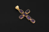 Amethyst Cross Pendant, Raw Square Gemstones, 925 Silver 18K Gold Plated, Spiritual Necklace, Organic Finish, Chakra Healing Gift