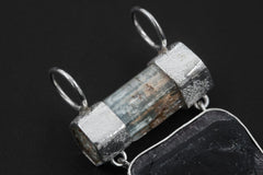 Raw Aquamarine Watermelon Tourmaline Pendant, 925 Sterling Silver Shield, Boho Talisman