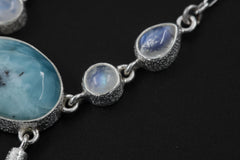 Sleeping Larimar, Blue Moonstone, Clear Quartz Necklace, 925 Silver, Box Chain, Organic Texture, Healing Crystal Jewelry, Throat Chakra Gift