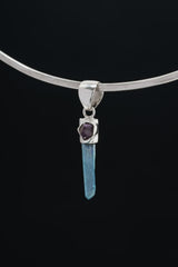 Aqua Aura Quartz & Raw Amethyst Pendant: Sterling Silver Healing Necklace