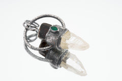 Oxidized Sterling Silver Tourmaline Emerald Quartz Pendant: Chakra Healing Necklace