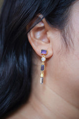 Amethyst, Blue Moonstone & Raw Quartz Earrings – 18K Gold Plated 3 Micron Sand Textured Studs, Third Eye Crown Chakra Unique Spiritual Gift