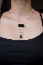 Dravite Tourmaline, Moonstone, Quartz & Rubellite Pendant, 925 Silver Organic Texture, Chakra Healing Crystal Jewelry, Boho Gift