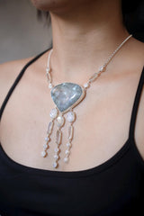 Vibrant Labradorite, Blue Moonstone, Clear double terminated Quartz Necklace, 925 Silver, Rolo Chain, Stone Jewelry, Organic Texture Gift