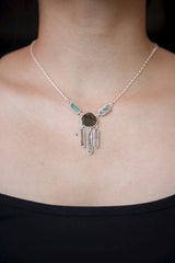 Green Tourmaline Slice, Gem Blue apatite, Aquamarine wand Necklace, 925 Silver with Box Chain, High Polish, Organic Texture, Gift for Her