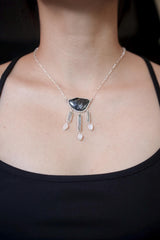 Blue Tourmaline Slice, Raw Aquamarine & Blue Moonstone Necklace, 925 Silver High Shine Finish, Healing Crystal Statement Jewelry