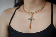 Petroleum Smoky Quartz Cross, 925 Silver, 18K Gold Plated, Raw Crystal Talisman, Spiritual Jewelry, Organic Textured Cross Pendant