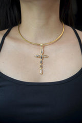 18K Gold Petroleum Smoky Quartz Cross Pendant, 925 Silver Talisman