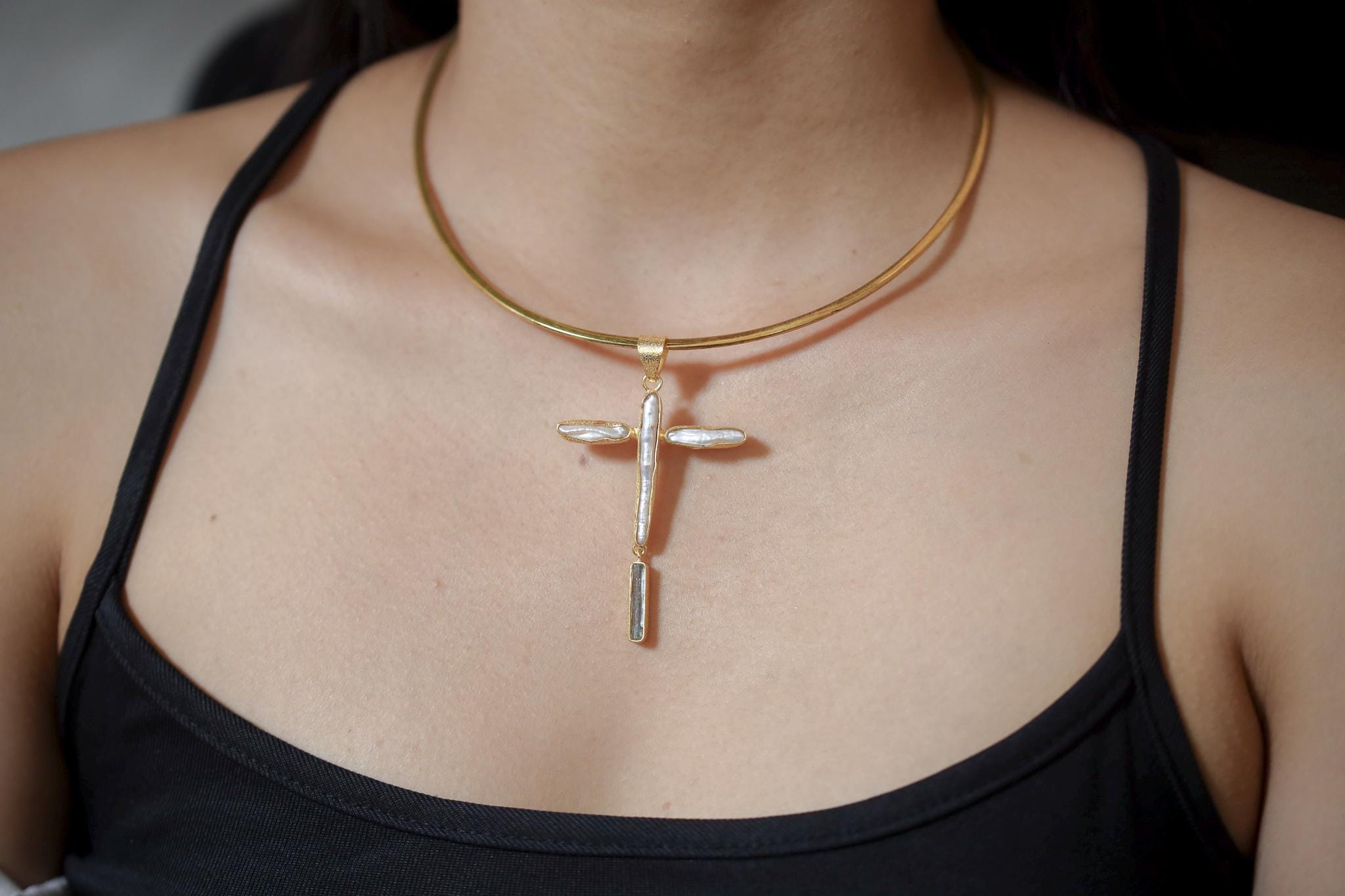 Raw Aquamarine & Pearl Cross Pendant, 925 Silver, Sacred Symbol Necklace, Spiritual Jewelry, Organic Texture, 18k Gold Plated,Christmas Gift