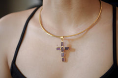 Amethyst Cross Pendant, Raw Square Gemstones, 925 Silver 18K Gold Plated, Spiritual Necklace, Organic Finish, Chakra Healing Gift