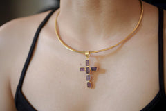 Amethyst Cross Pendant, Raw Square Gemstones, 925 Silver 18K Gold Plated, Spiritual Necklace, Organic Finish, Chakra Healing Gift