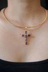 Amethyst Cross Pendant, Raw Square Gemstones, 925 Silver 18K Gold Plated, Spiritual Necklace, Organic Finish, Chakra Healing Gift