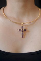 Raw Amethyst Cross Pendant, 18K Gold Plated 925 Silver, Spiritual Necklace
