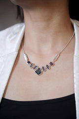 Raw Tourmaline Ruby Quartz Necklace, 925 Silver Box Chain, Green Gem Slice, DT Petroleum Crystal, Chakra Healing Pendant Gift
