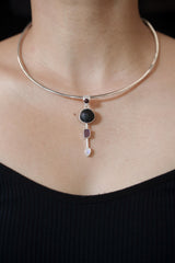 Garnet, Tektite, Amethyst, Blue Moonstone Pendant, 925 Silver, High Polish, Organic Textured Finish, Chakra Jewelry, Unique Gift for Her