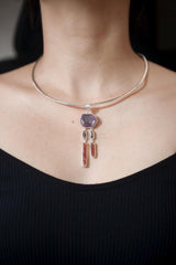 Dream Catcher Dangle Raw Gem Ruby, Petroleum Smoky Quartz & Rare Red Gem Kyanite Pendant, 925 Silver, Organic Texture, Crystal talisman Gift