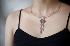 Dream Catcher Dangle Raw Gem Ruby, Petroleum Smoky Quartz & Rare Red Gem Kyanite Pendant, 925 Silver, Organic Texture, Crystal talisman Gift