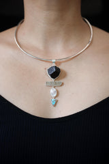 Raw Crystal Talisman Pendant, Dravite Tourmaline, Aquamarine, Moonstone, Turquoise, 925 Silver