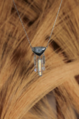 Slice of Gem Blue tourmaline, Raw Aquamarine sticks, Lemurian Angel Aura Quartz, Blue Moonstone Necklace, 925 Silver, High Shine Finish