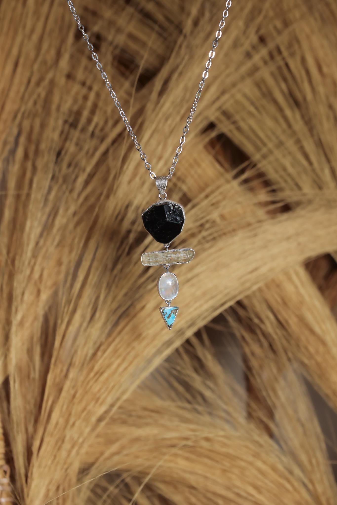 Raw Crystal Talisman Gift Dravite Tourmaline, Raw Aquamarine, blue Moonstone, Arizona Turquoise Pendant, Organic Texture 925 Silver