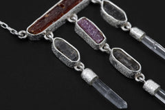 Red Kyanite, Ruby, Petroleum Smoky Quartz, Clear Quartz Necklace, 925 Silver Totem Pendant, Raw Crystal, Spiritual Jewelry, Statement Gift