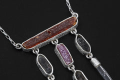 Red Kyanite, Ruby, Petroleum Smoky Quartz, Clear Quartz Necklace, 925 Silver Totem Pendant, Raw Crystal, Spiritual Jewelry, Statement Gift
