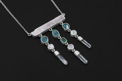 Pink Kunzite, Blue Apatite, Moonstone, Clear Quartz Necklace, 925 Silver, Raw Crystal Dangle, Feminine Energy Jewelry, Spiritual Boho Gift