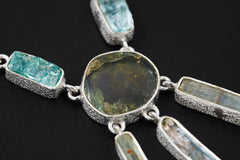 Green Tourmaline Slice, Gem Blue apatite, Aquamarine wand Necklace, 925 Silver with Box Chain, High Polish, Organic Texture, Gift for Her