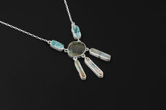 Green Tourmaline Slice, Gem Blue apatite, Aquamarine wand Necklace, 925 Silver with Box Chain, High Polish, Organic Texture, Gift for Her