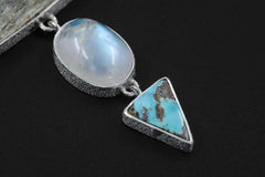 Raw Crystal Talisman Gift Dravite Tourmaline, Raw Aquamarine, blue Moonstone, Arizona Turquoise Pendant, Organic Texture 925 Silver