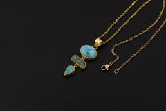 High Grade Larimar, Sleeping Beauty Arizona Turquoise, Raw Aquamarine Pendant, 925 Silver Gold Plated, Throat Chakra, Boho Jewelry Gift