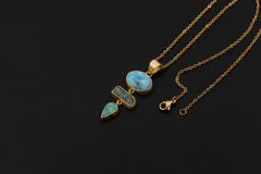 Larimar Aquamarine Turquoise Pendant, Gold Plated Silver, Boho Talisman