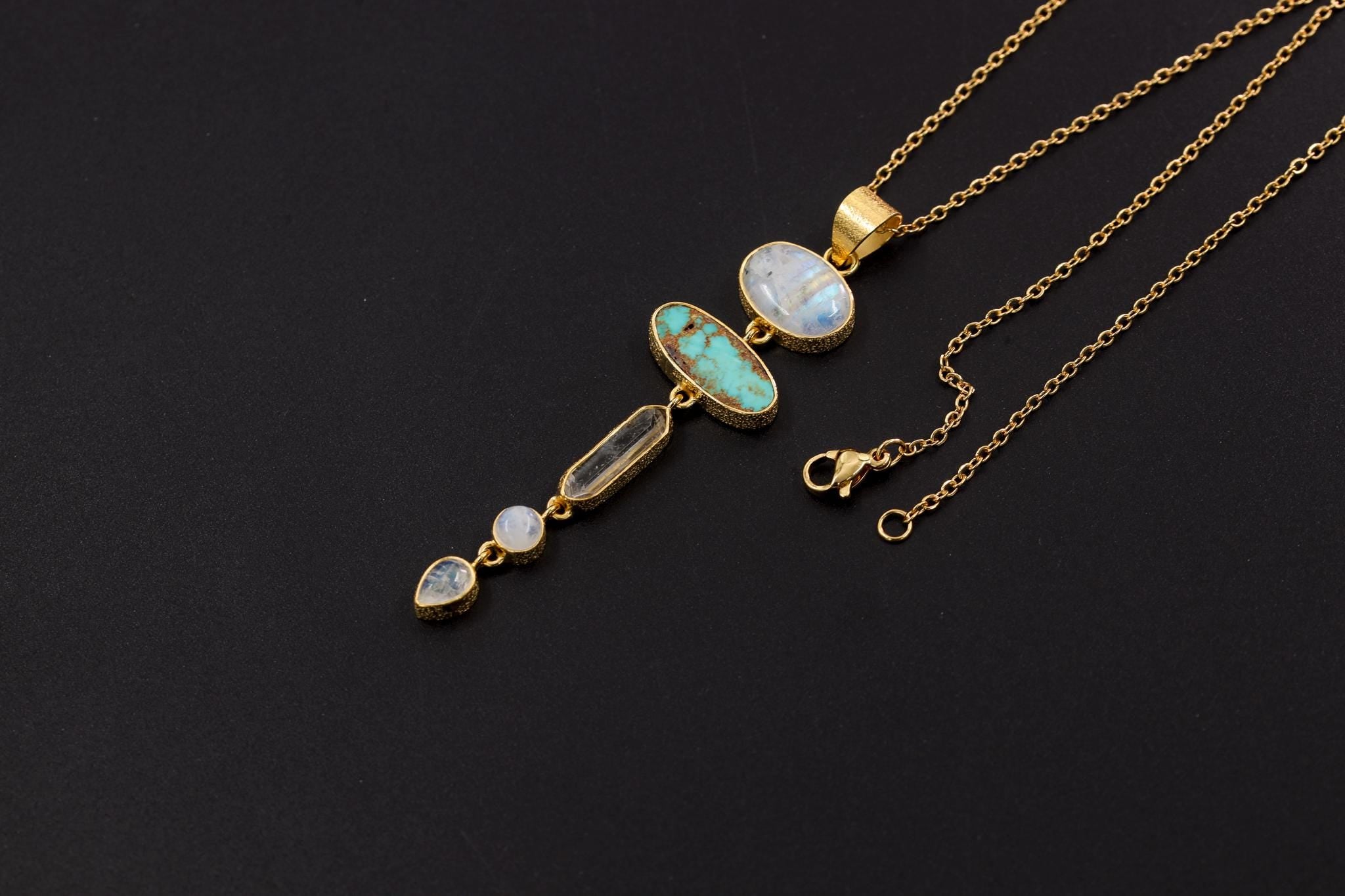 Moonstone, Sleeping Beauty Turquoise, Raw Quartz Pendant, 18K Gold Plated 925 Silver, Chakra Necklace, Unique Blue Gem Gift, Organic Texture