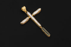 Raw Aquamarine & Pearl Cross Pendant, 925 Silver, Sacred Symbol Necklace, Spiritual Jewelry, Organic Texture, 18k Gold Plated,Christmas Gift