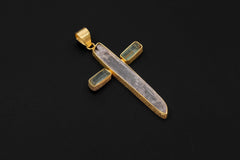 Handmade Kunzite Aquamarine Cross Pendant, 18k Gold Plated Silver
