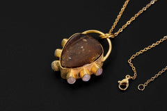 Dravite Tourmaline & Moonstone Pendant, 18k Gold Plated Silver, Organic Texture