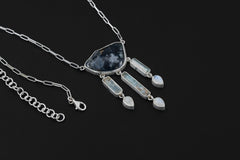 Raw Blue Tourmaline Slice Necklace, Aquamarine Moonstone, 925 Silver