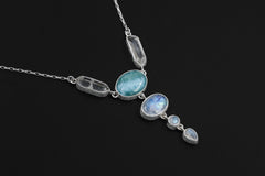 Larimar Moonstone Quartz Necklace, 925 Silver Box Chain, Artisan Pendant
