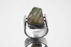 Raw Labradorite Silver Ring 925 Textured Brutalist Band Northern Fire Crystal Protection Jewelry Gift Size 9